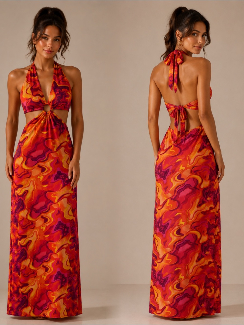 Halter Maxi Dress in Vibrant Red-Orange Swirl